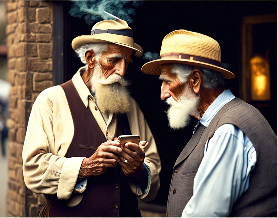 Elderly gentlemen in vintage clothing having a conversation