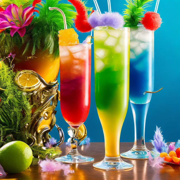 Vibrant cocktails with citrus fruits and flowers on colorful background