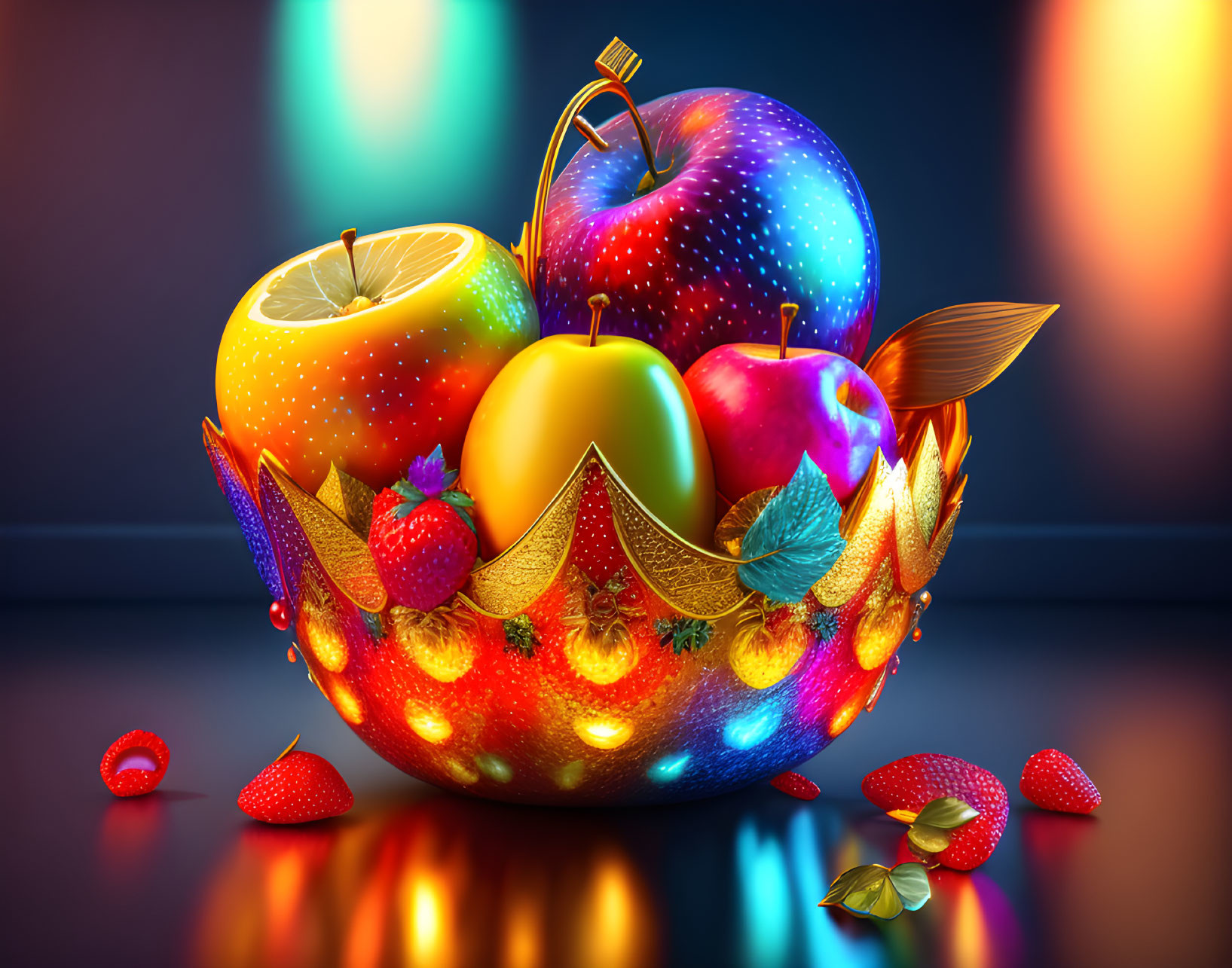 Vibrant fantasy fruit bowl with space-themed elements on reflective surface