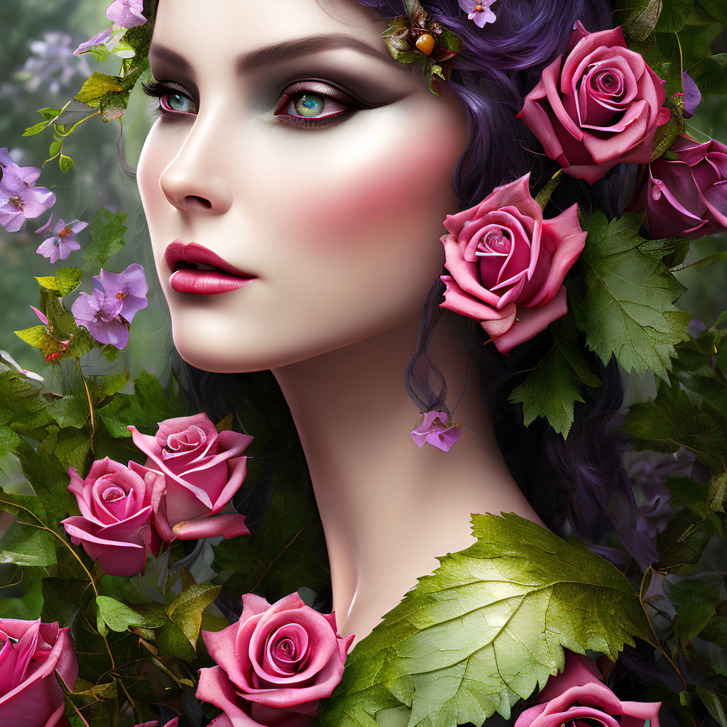 Digital Artwork: Woman's Face with Pink Roses and Green Leaves