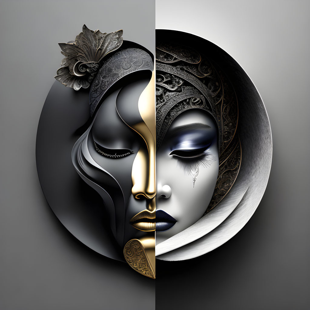 Split face artwork: one side golden with florals, the other silver with intricate patterns.