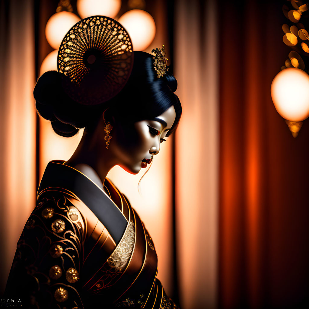 Geisha-inspired woman with intricate hairstyle and fan in warm lighting