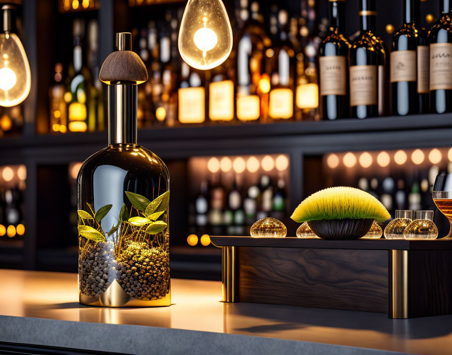 Luxurious plant motif bottle on bar counter with exotic fruits and glasses.