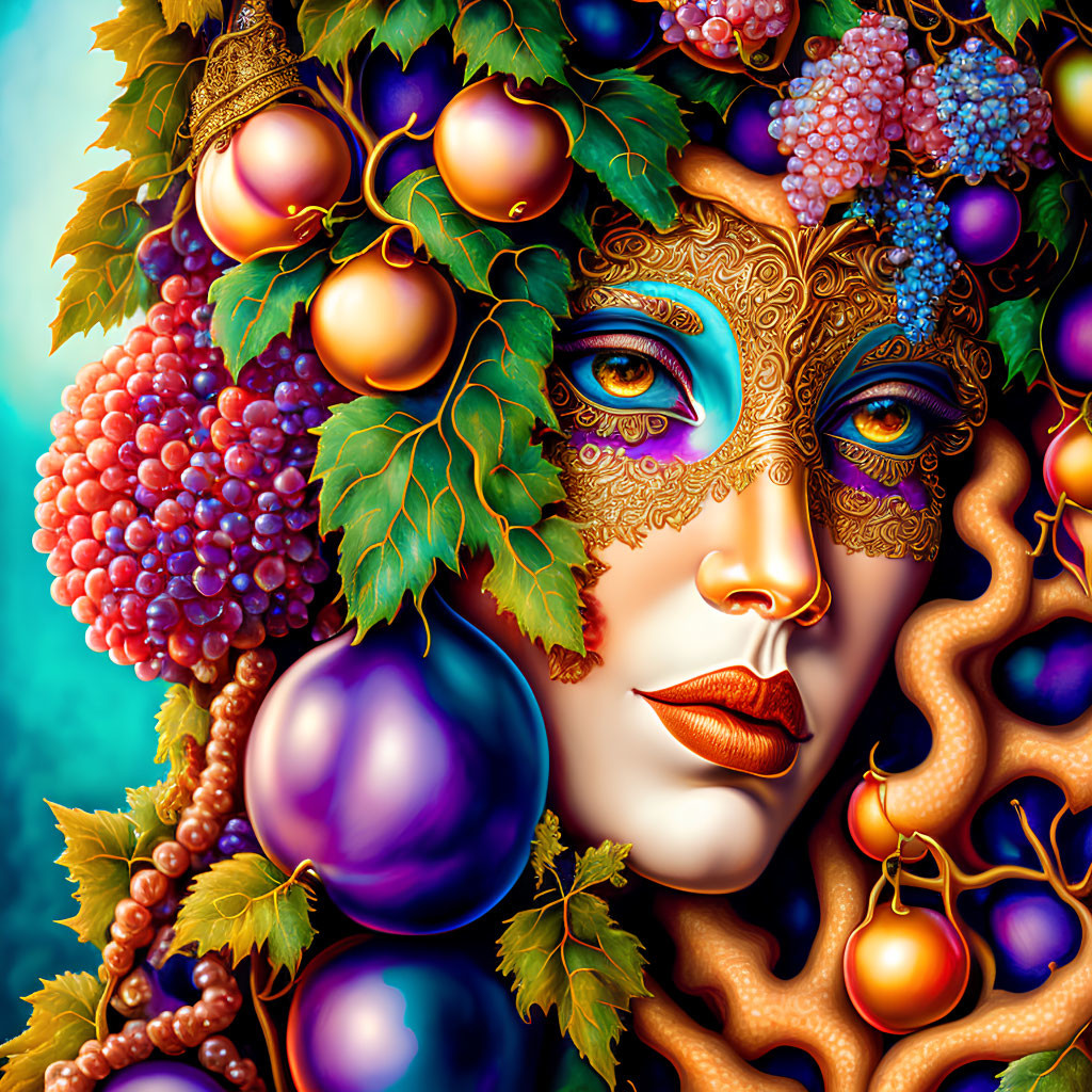 Colorful portrait of person with grapevine headdress and ornate mask showcasing fusion of human beauty with