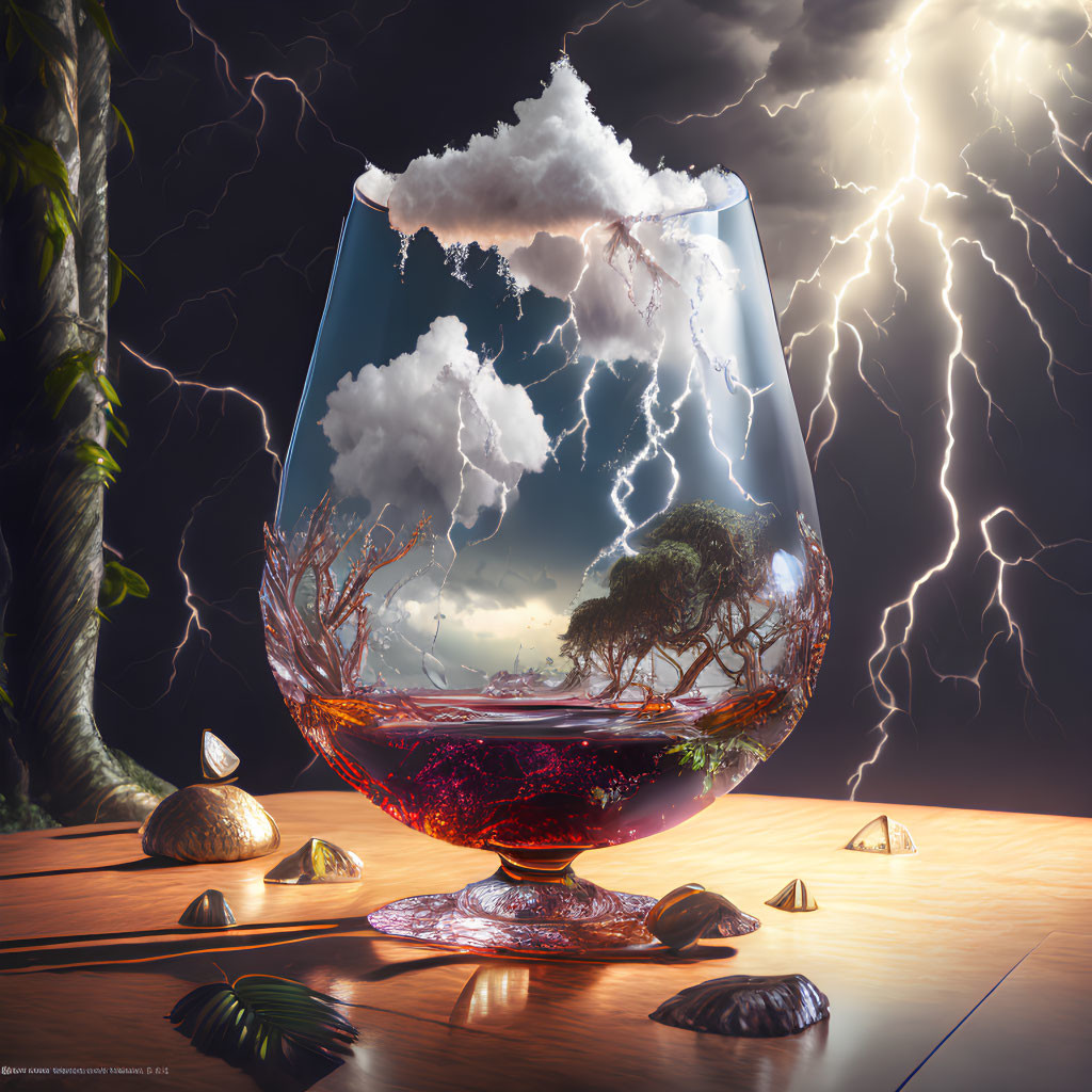 Surreal image of stormy scene in glass with tree and wine