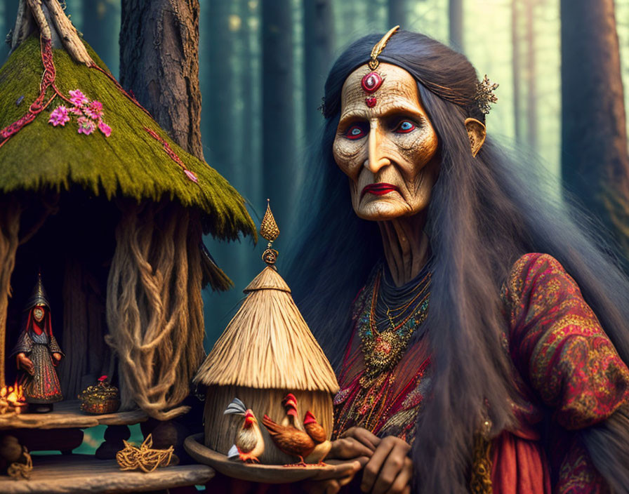 Detailed Portrait of Elderly Woman in Mystical Attire by Miniature Forest House