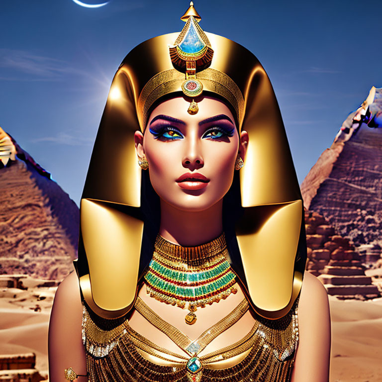 Digital illustration of woman as ancient Egyptian pharaoh with elaborate headdress, regal jewelry, and iconic