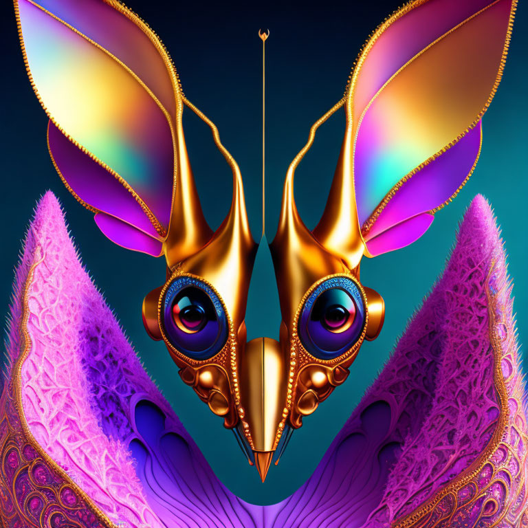 Symmetrical fantastical creature with butterfly wings and elaborate patterns