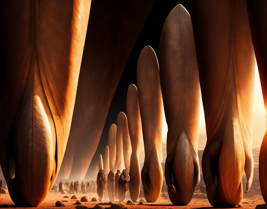 Miniature people walking between giant fingers in desert landscape