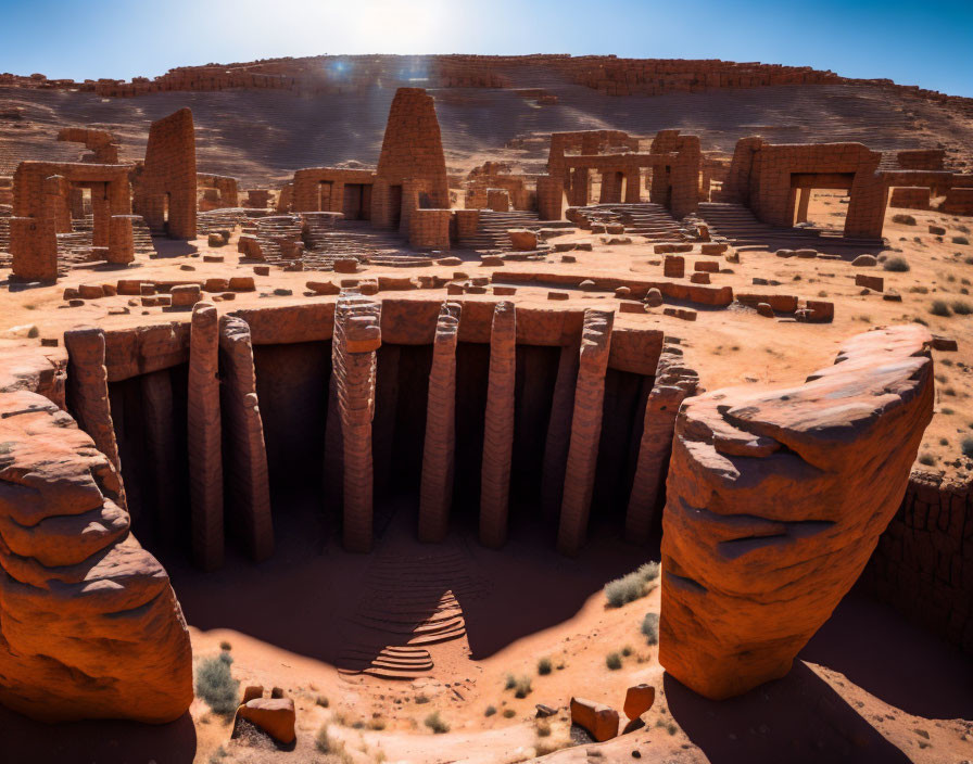 Ancient ruins with cylindrical structures in desert landscape