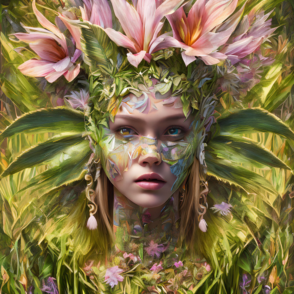 Young girl with vibrant floral and leaf elements in fantastical portrayal