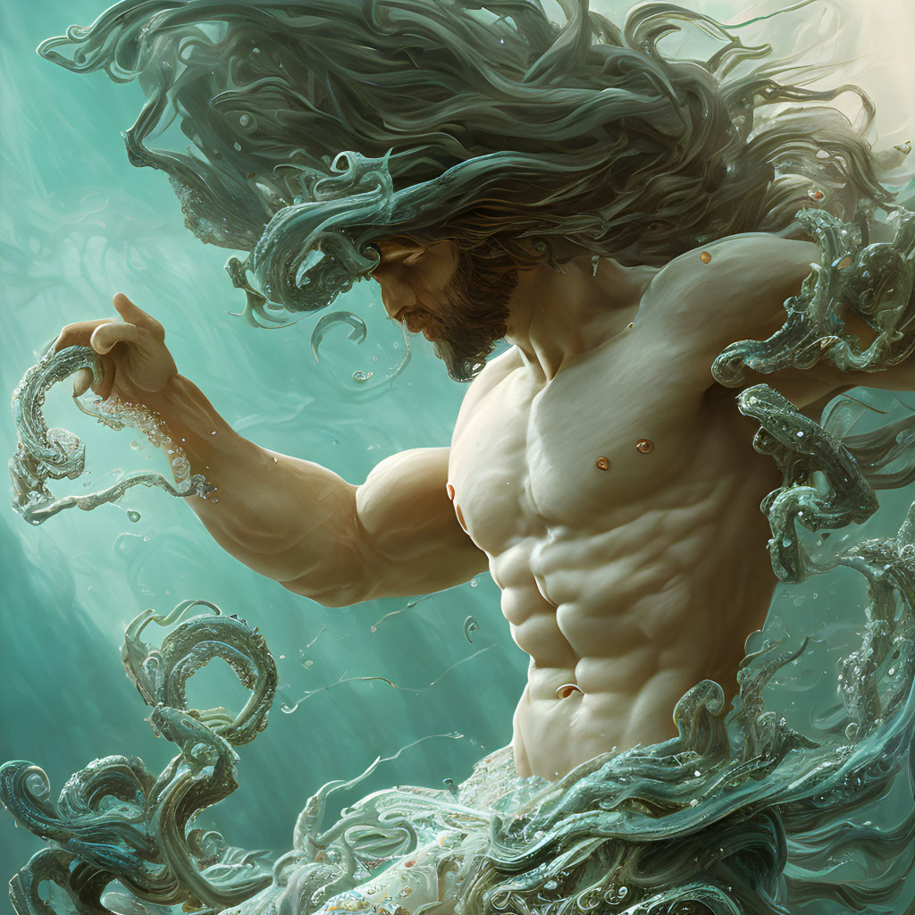 Bearded man submerged in water with swirling tentacles