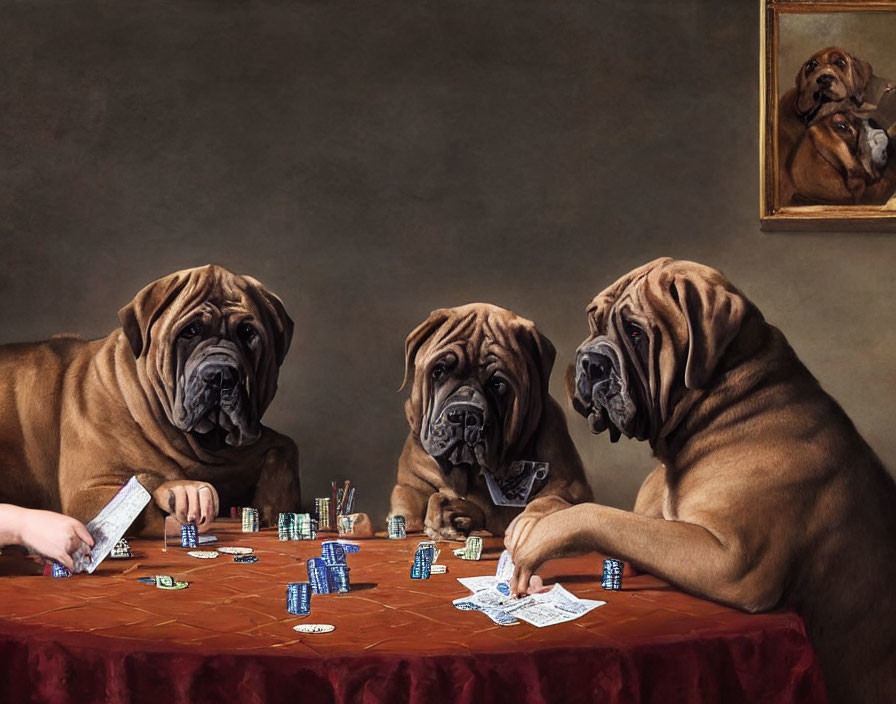 Bulldogs Playing Poker with Chips and Money, Background Bulldog Painting