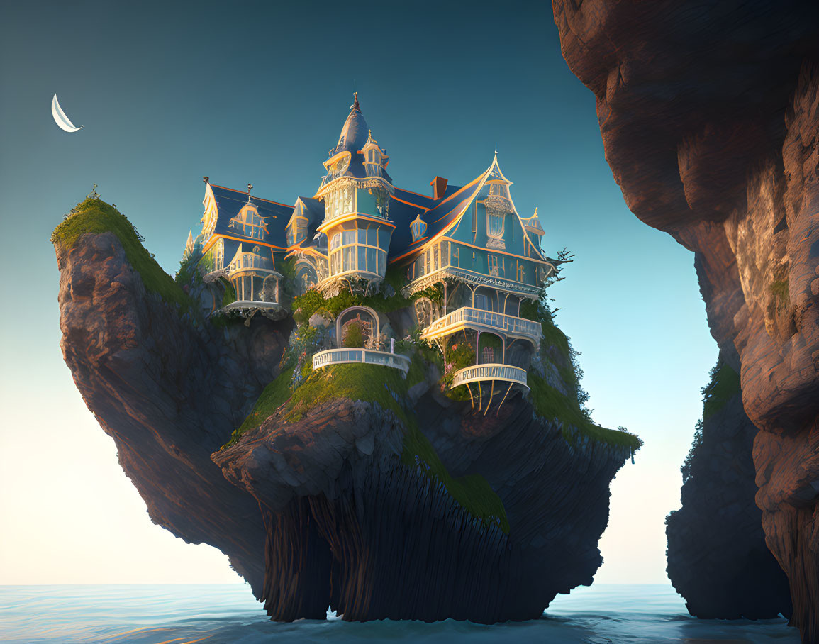 Victorian-style mansion on rugged rock amid cliffs, lush greenery, twilight sky.