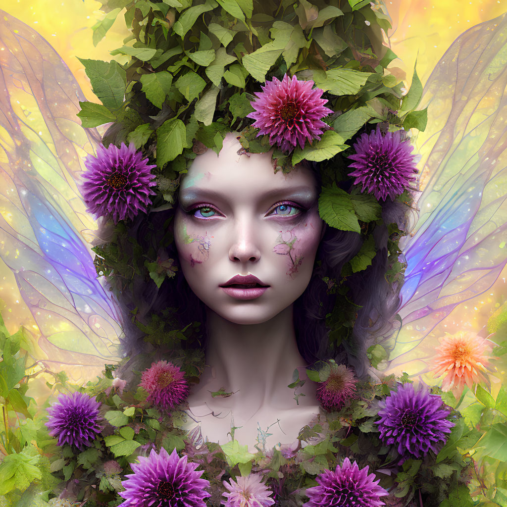 Fantasy portrait of woman with violet eyes and dragonfly wings