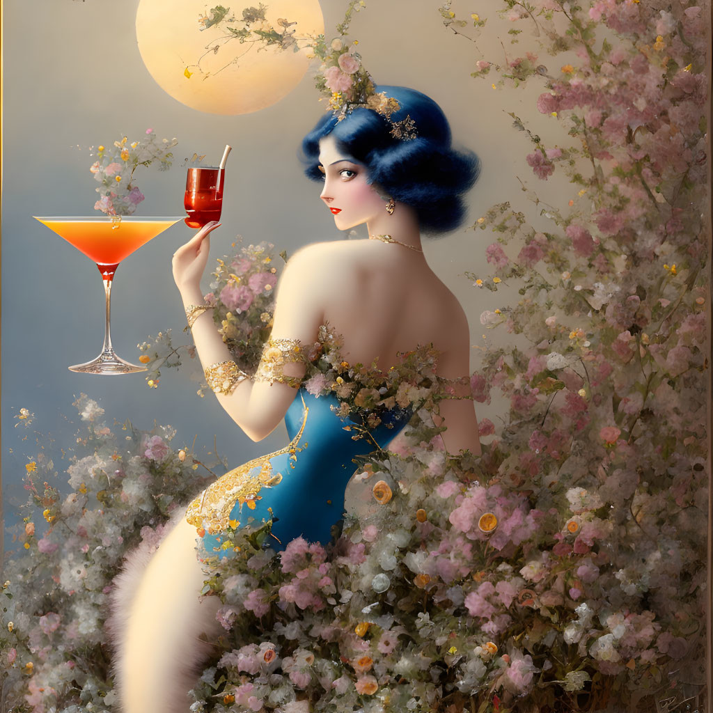 Illustration of woman in blue dress with floral adornments holding a cocktail under stylized moon