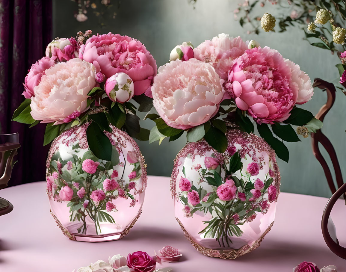 Ornate floral vases with pink peonies and green foliage on table