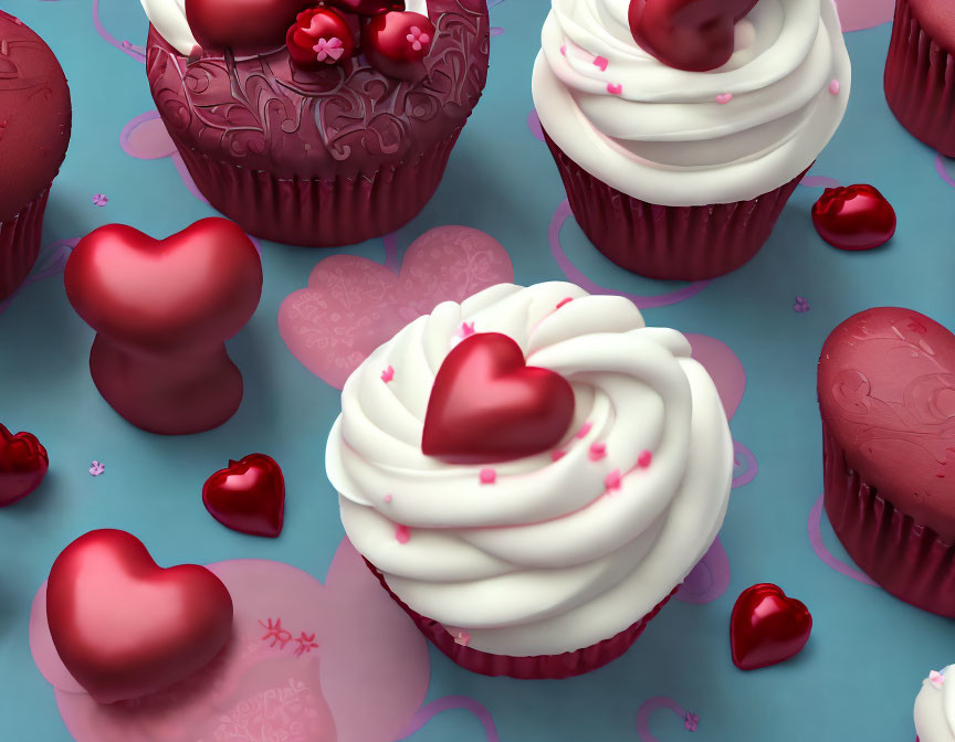 Valentine's Themed Cupcakes with Heart Decorations on Blue Background