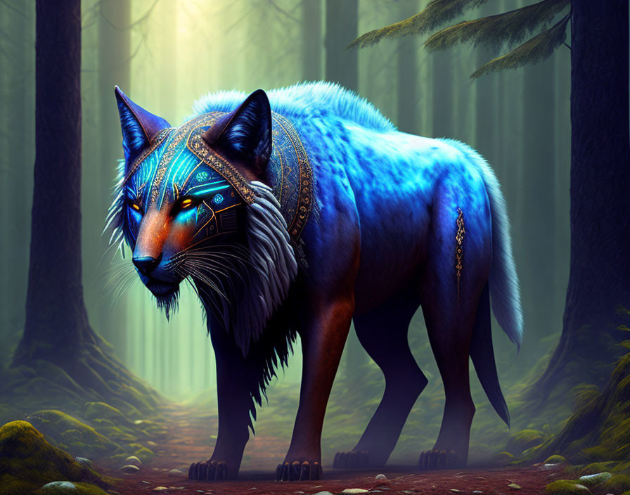 Mystical blue wolf with tribal markings in sunlit forest