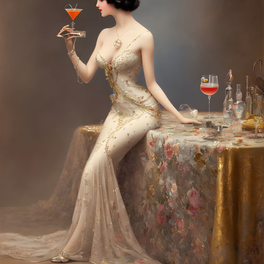 Sophisticated woman in off-the-shoulder gown with martini at ornate table