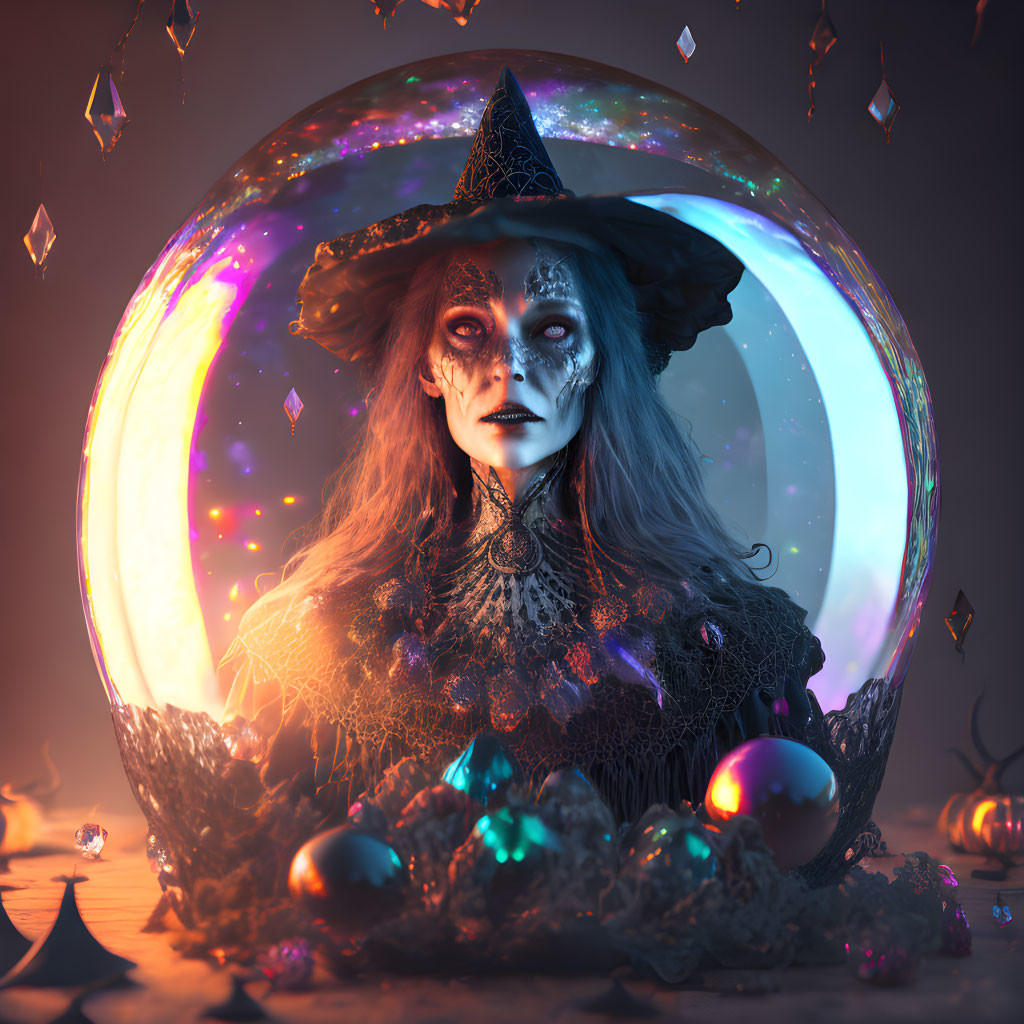 Elaborately painted witch with glowing orb and floating crystals