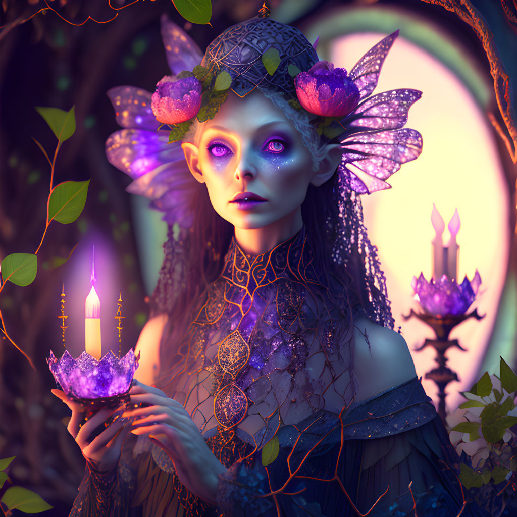 Purple-eyed fairy with iridescent wings, crystal, floral crown, and jewelry in enchanted forest.