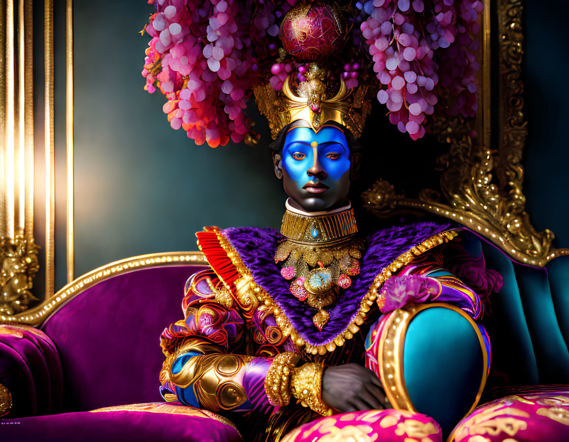 Regal blue-faced figure on ornate chair with purple and gold decor.