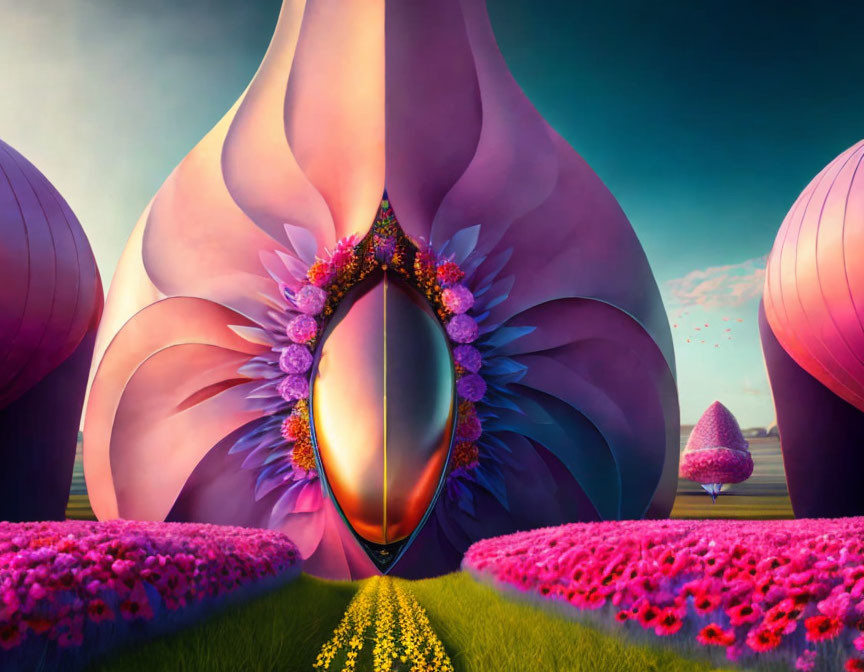 Vibrant surreal landscape with organic vase structure and glowing entrance