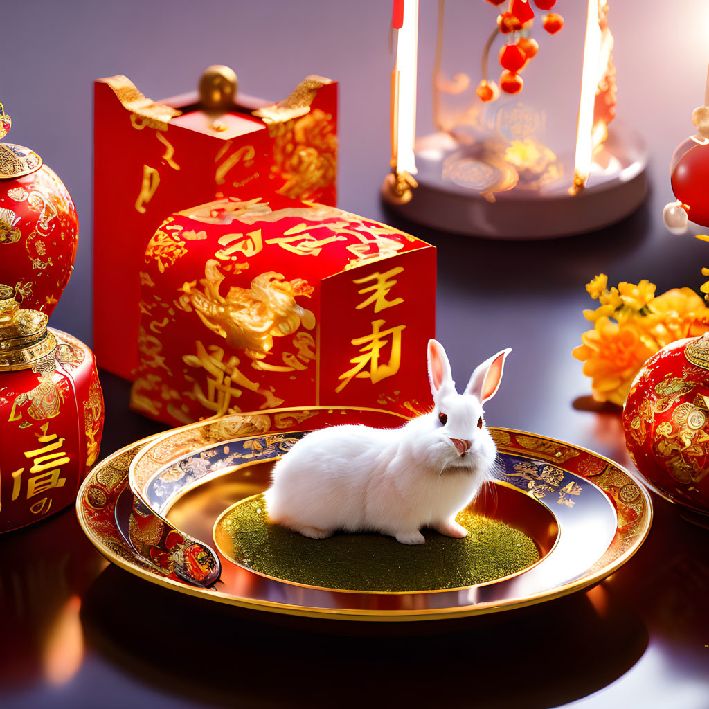 White Rabbit on Gold Plate Among Chinese New Year Decorations