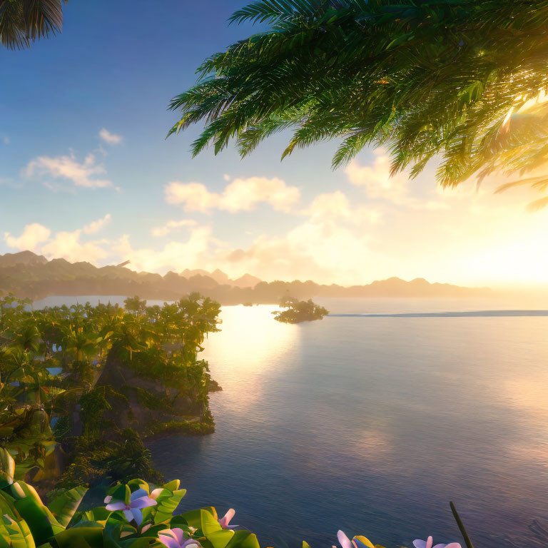 Sunlit mountains, ocean sunrise, lush greenery, tropical flowers