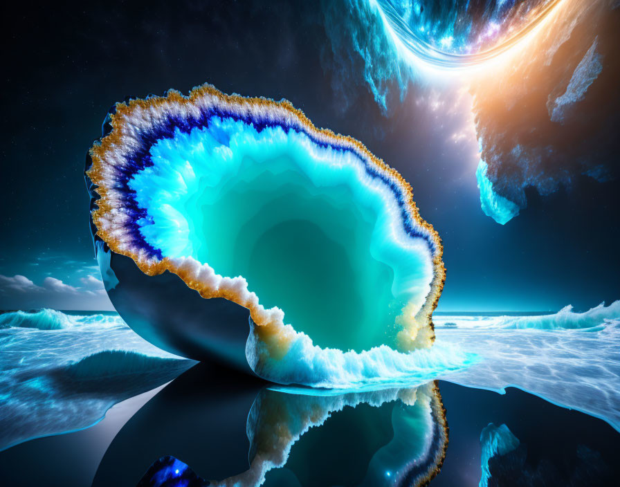 Colorful geode with aurora night sky on glossy icy terrain