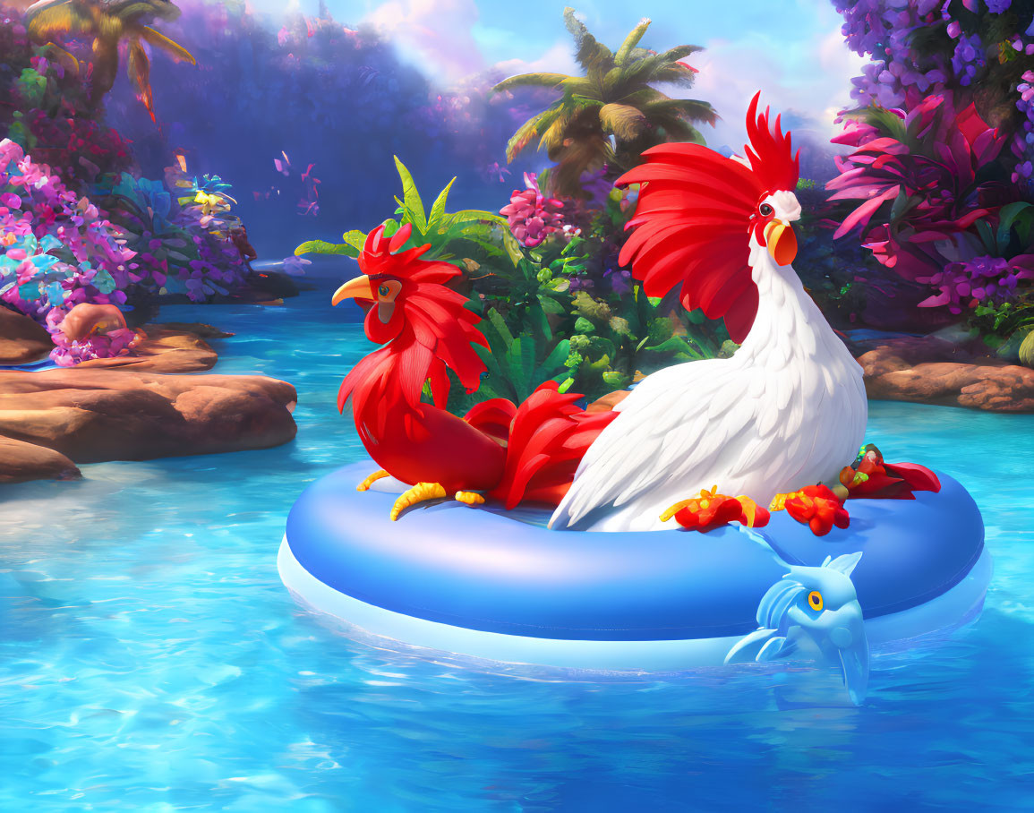 Colorful Rooster on Blue Inflatable Ring in Tropical River