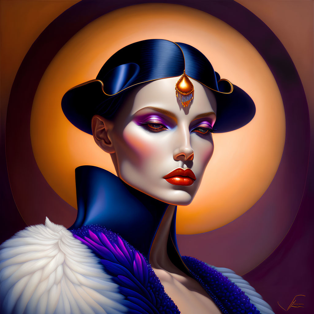 Stylized portrait of woman with futuristic hat and dramatic makeup