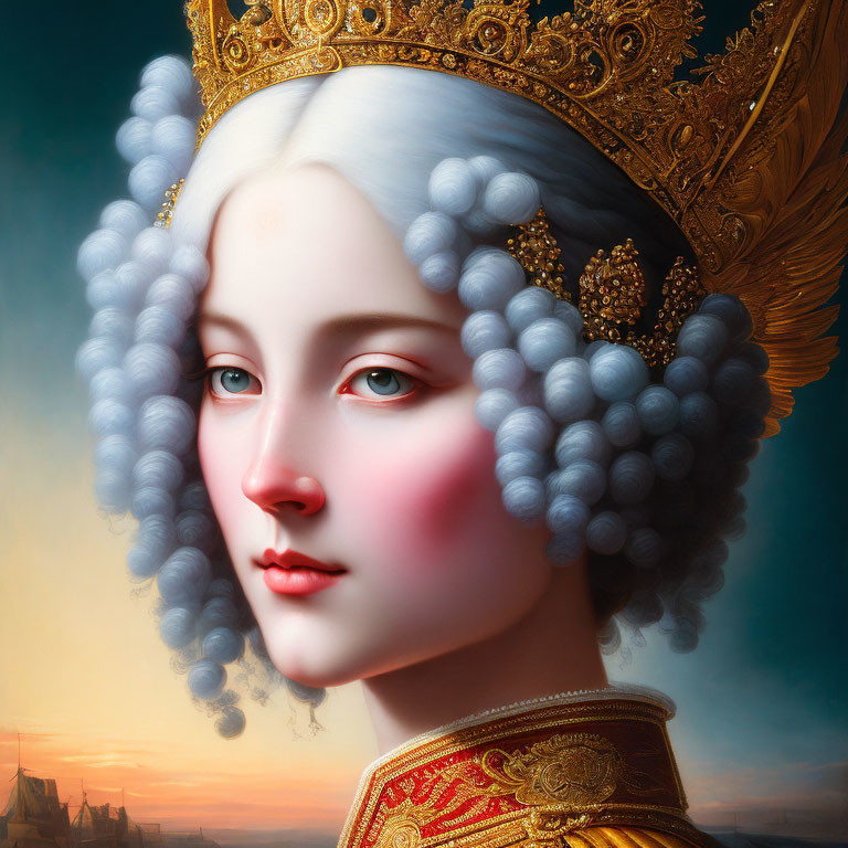 Portrait of woman with pale skin, rosy cheeks, gray curls, gold crown, red and gold