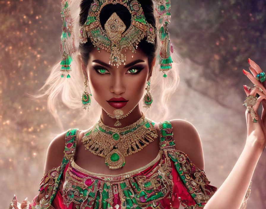 Elaborately adorned woman with intense makeup in mystical setting