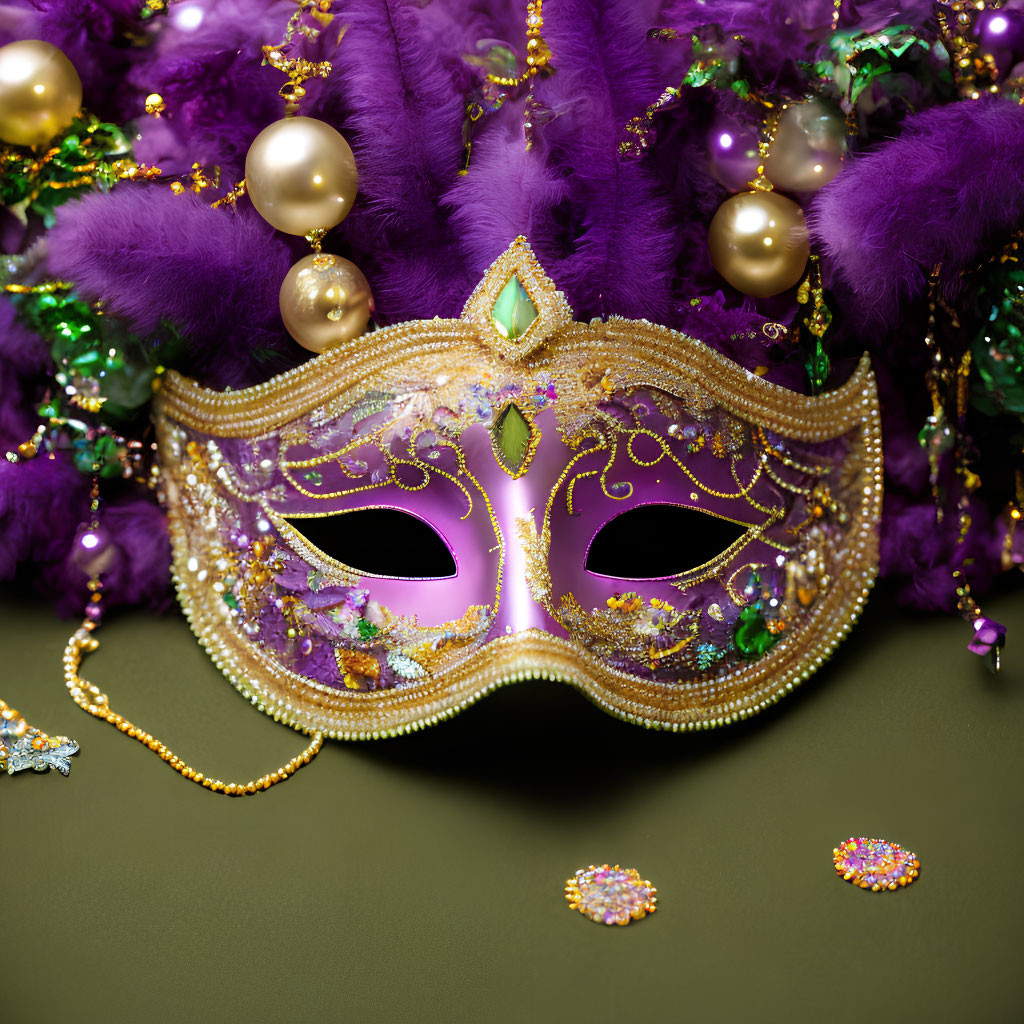 Golden Mardi Gras Mask with Purple Feathers and Beads on Green Background