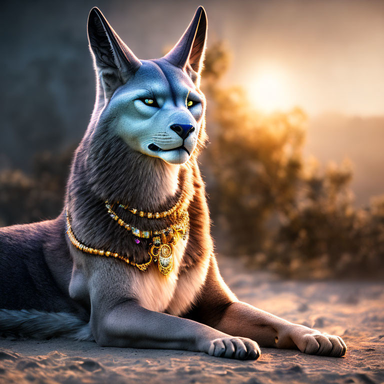 Majestic anthropomorphic canine with golden necklaces in serene sunset scene