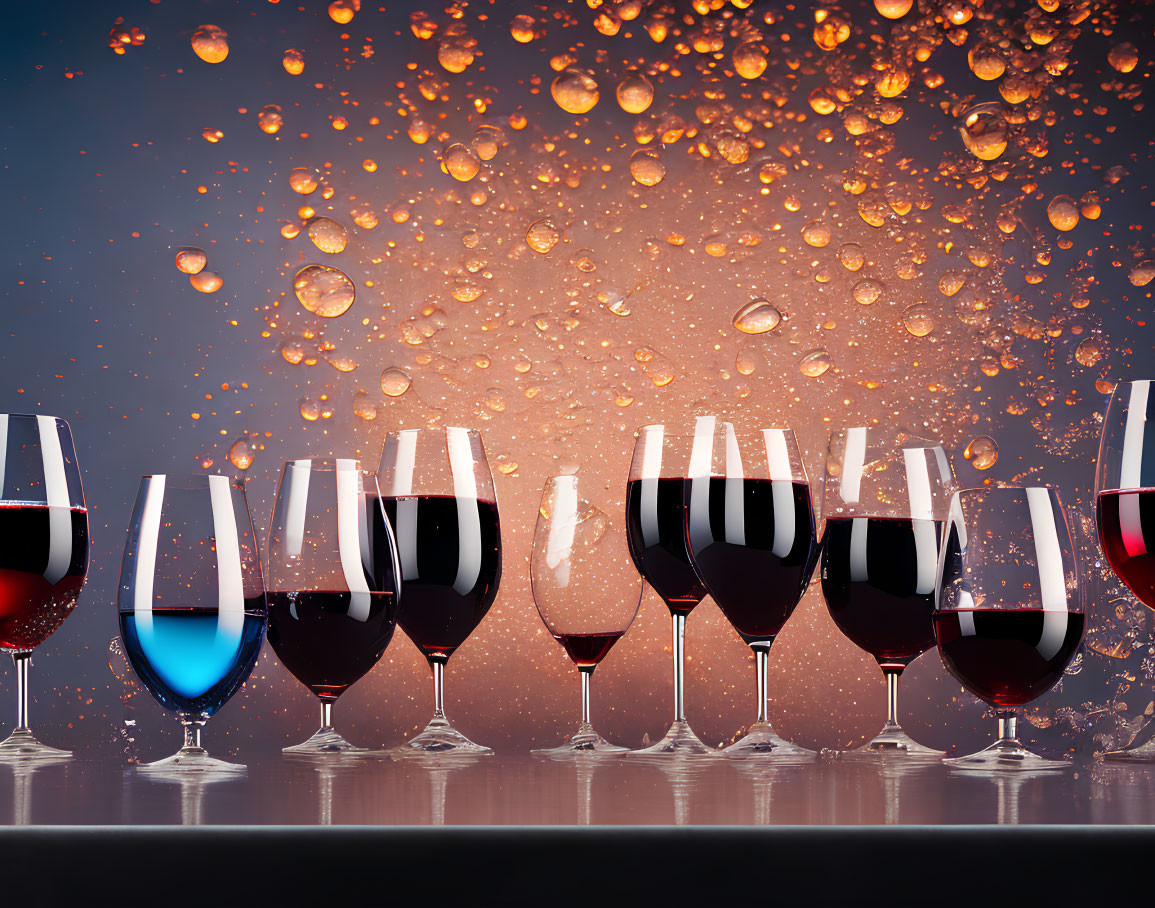 Seven wine glasses with red and blue liquid on water droplets against blue gradient.