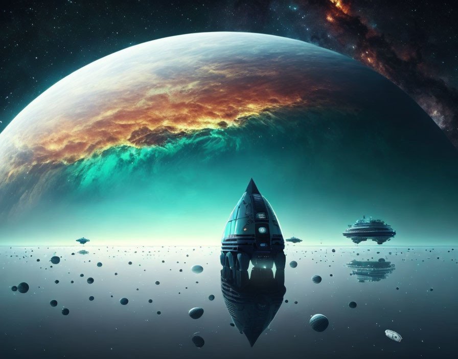 Spacecraft and planet on reflective surface with ships and asteroids in starry scene