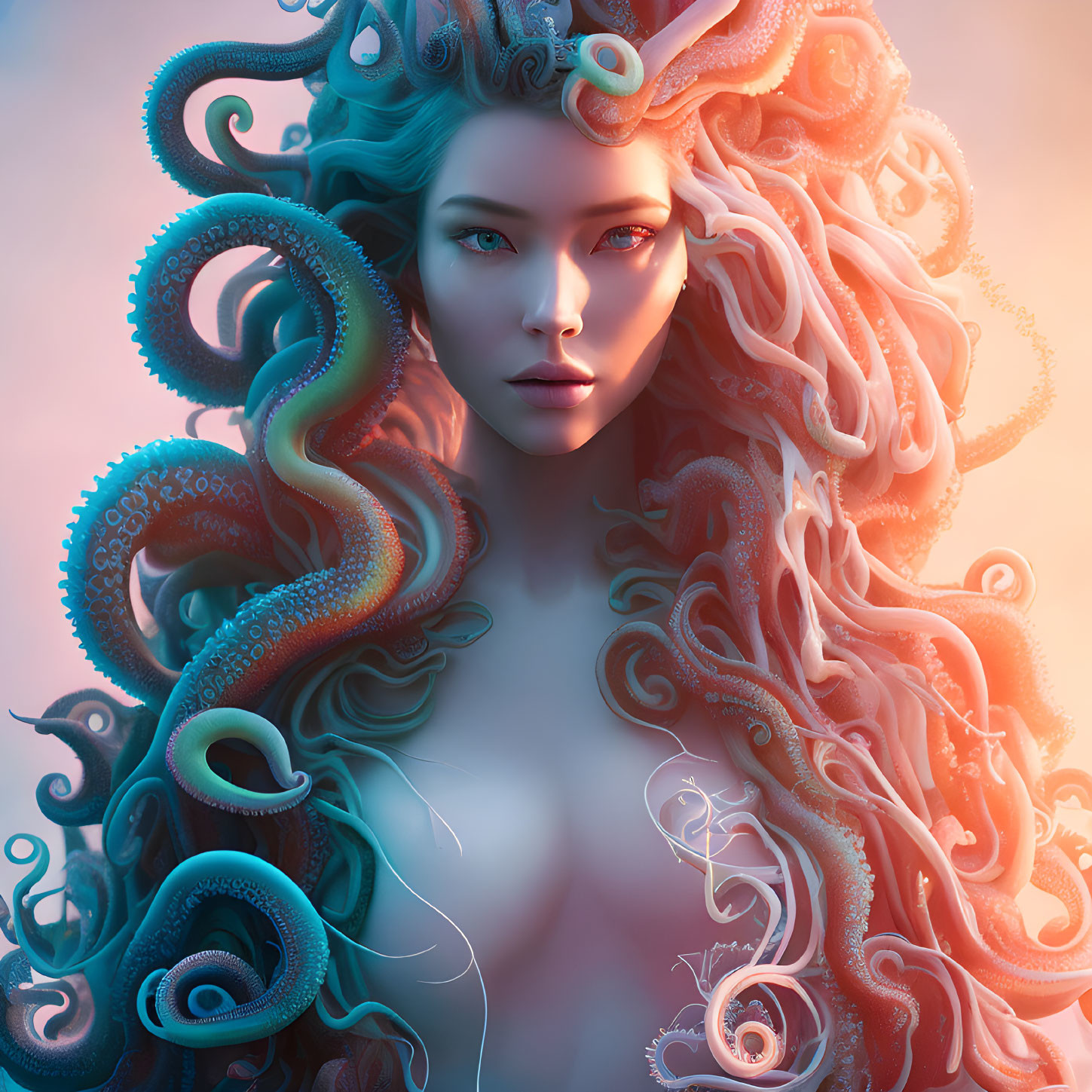 Digital artwork: Woman with octopus tentacles hair, orange and blue shades, colorful gradient background