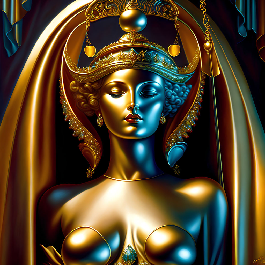 Regal woman with golden skin in ornate crown on dark blue background