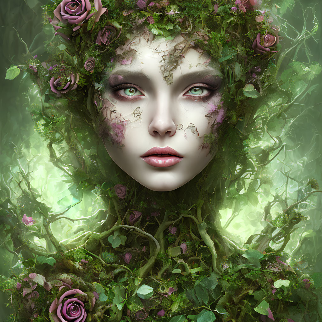 Fantasy portrait of woman with floral vines in hair, showcasing mystical nature connection.