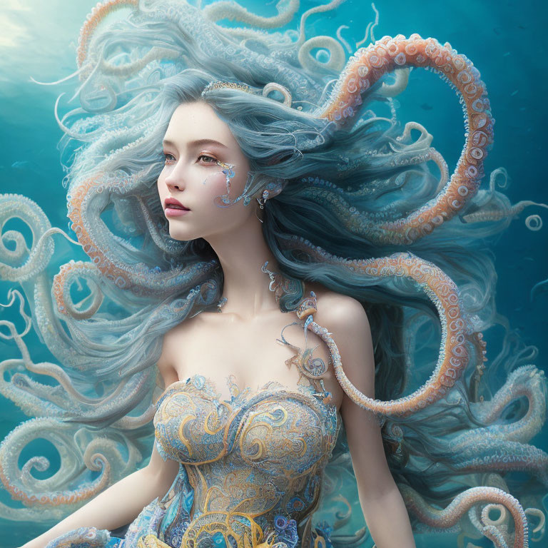 Fantastical image: Woman with blue hair and octopus tentacles in ocean.