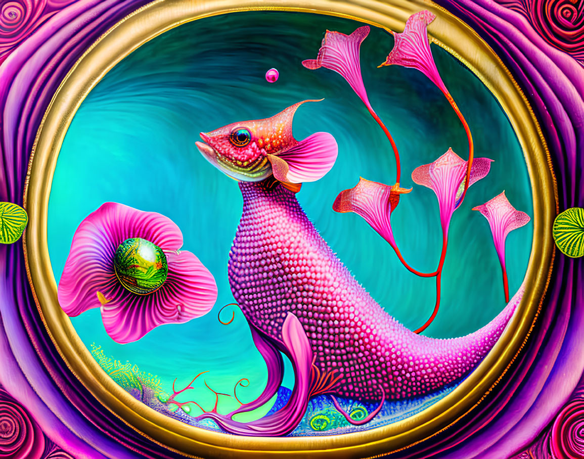 Colorful digital artwork of a stylized pink fish in ornate circular frame