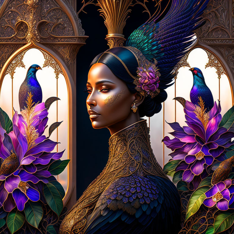 Woman adorned with peacock feathers in front of golden gates with peacock motifs and purple flowers.