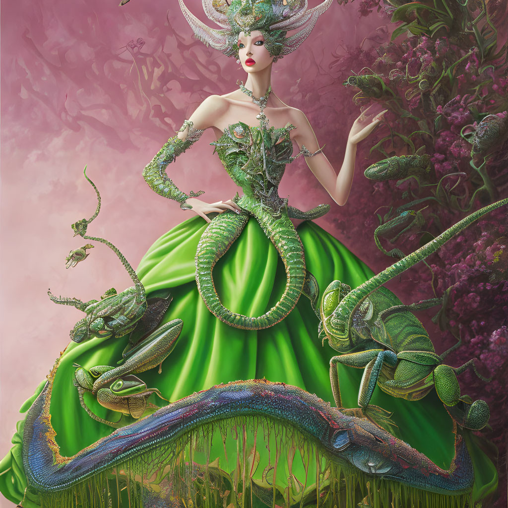 Fantastical image of woman in green dress with reptilian features and chameleons in mystical