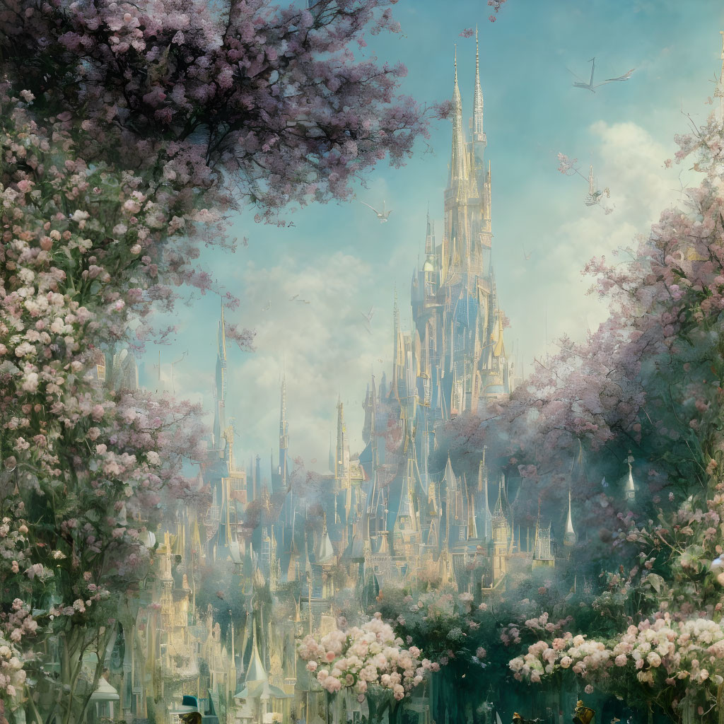 Fantastical cityscape with towering spires and blooming trees under a hazy sky