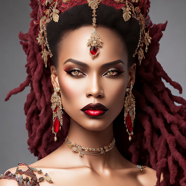 Woman with red dreadlocks and ornate gold jewelry in striking makeup gazes confidently.