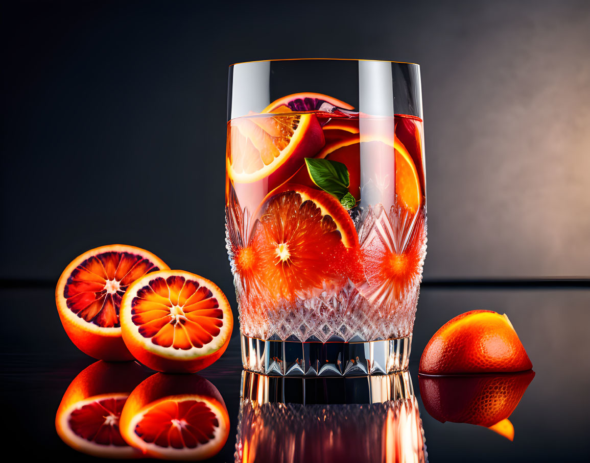 Colorful Blood Orange Cocktail with Mint Leaf in Faceted Glass