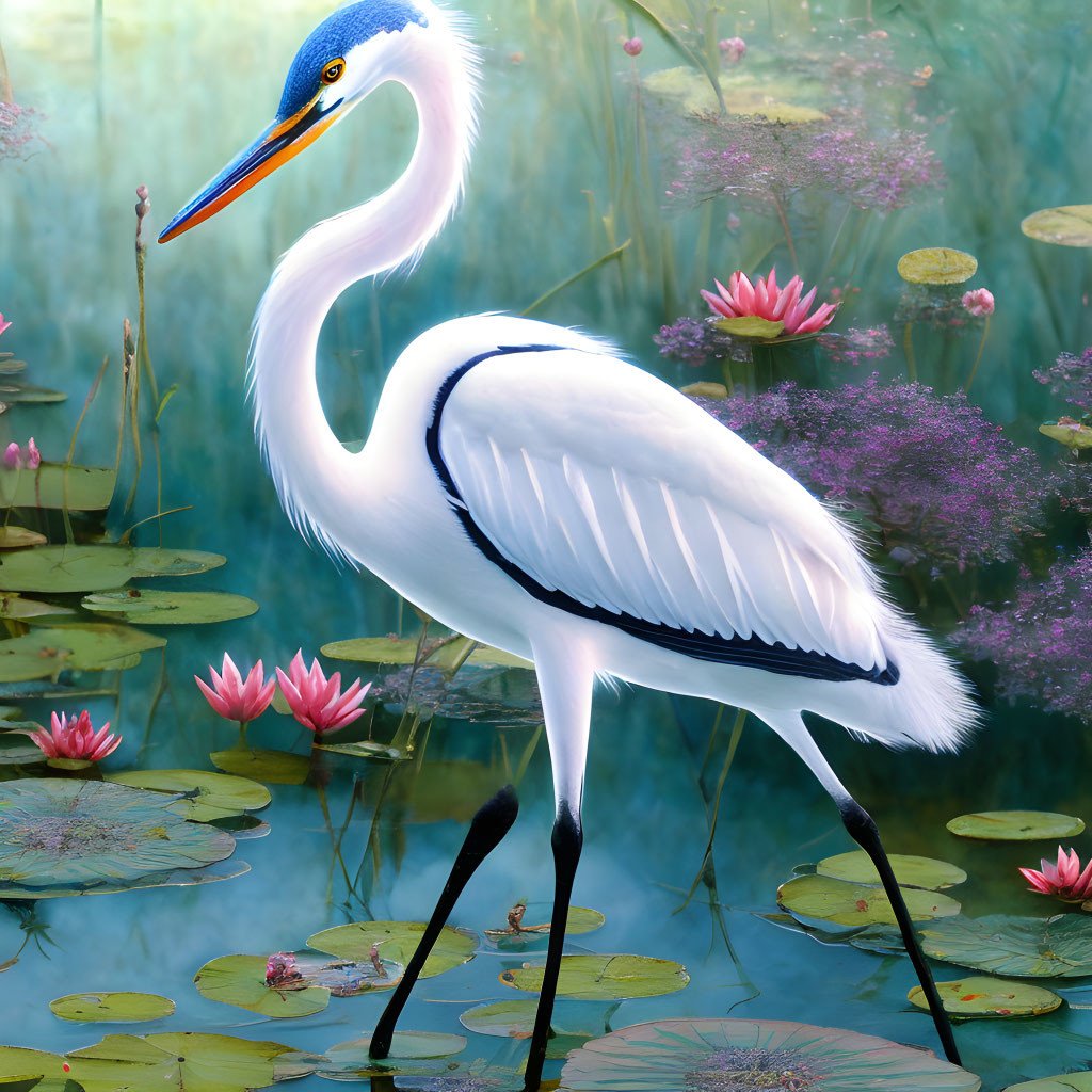 Great Egret Among Lily Pads and Pink Flowers in Serene Water Scene